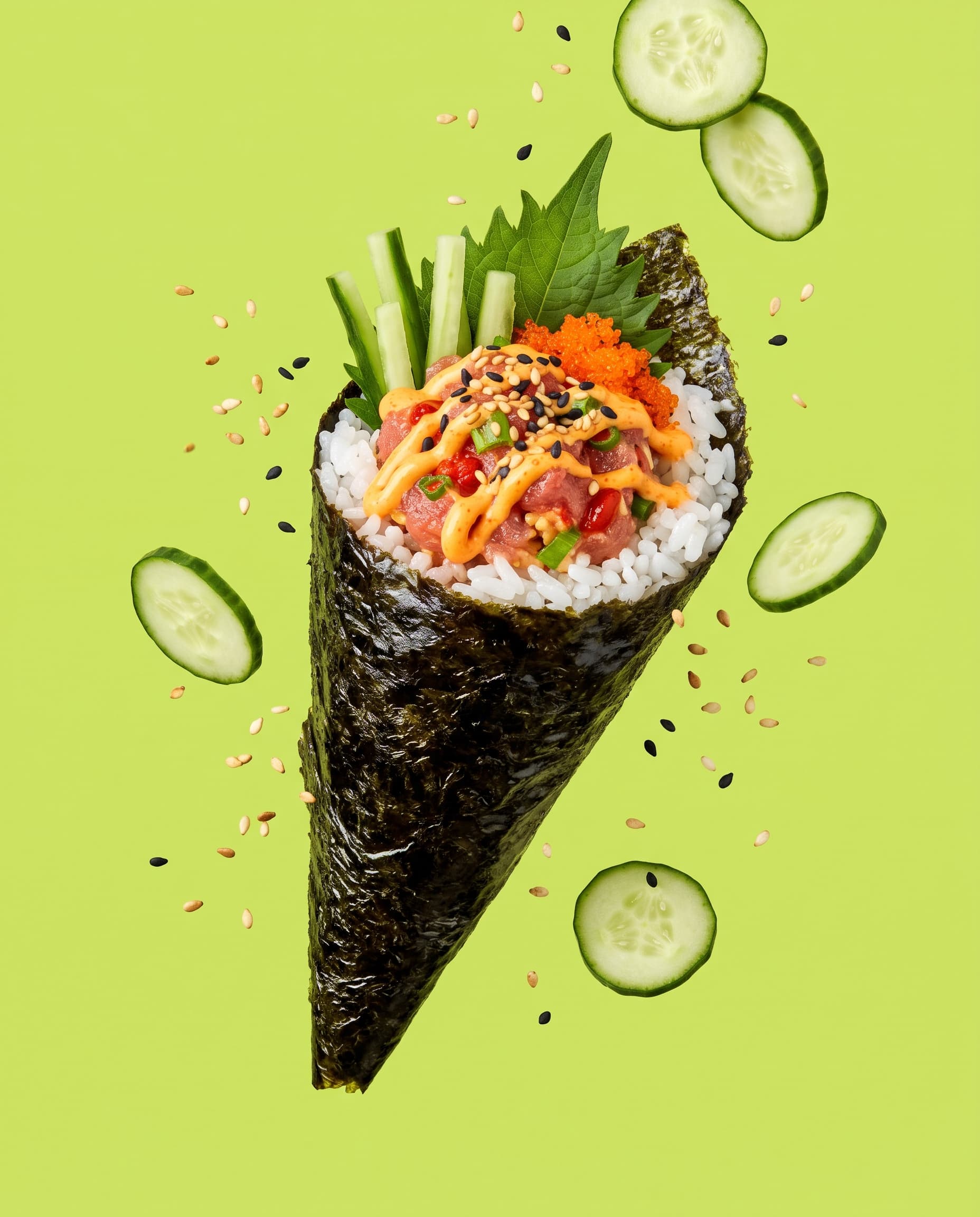 A crispy spicy tuna temaki hand roll with sesame floating on lime green