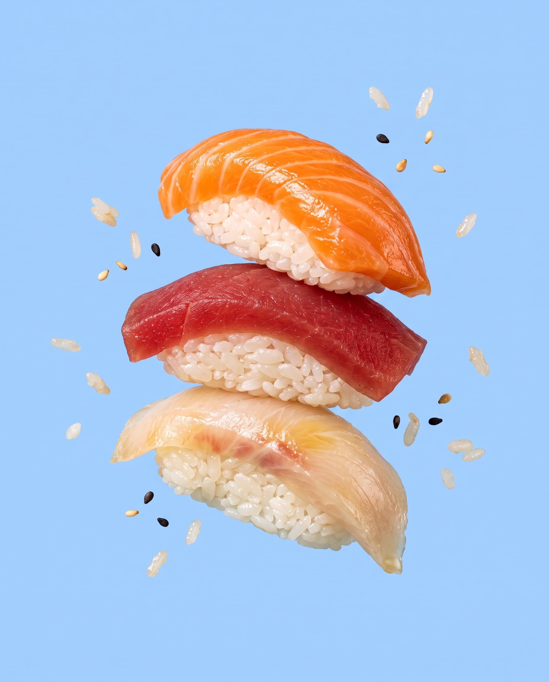 Salmon, tuna and yellowtail nigiri stacked in the air on sky blue